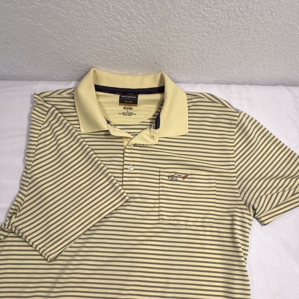 Greg Norman for Tasso Elba PlayDry Five Iron Men's L Yellow Blue Striped Polo